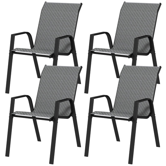 Set of 4 Stackable Garden Chairs with Armrests in PE Rattan and Steel, Grey