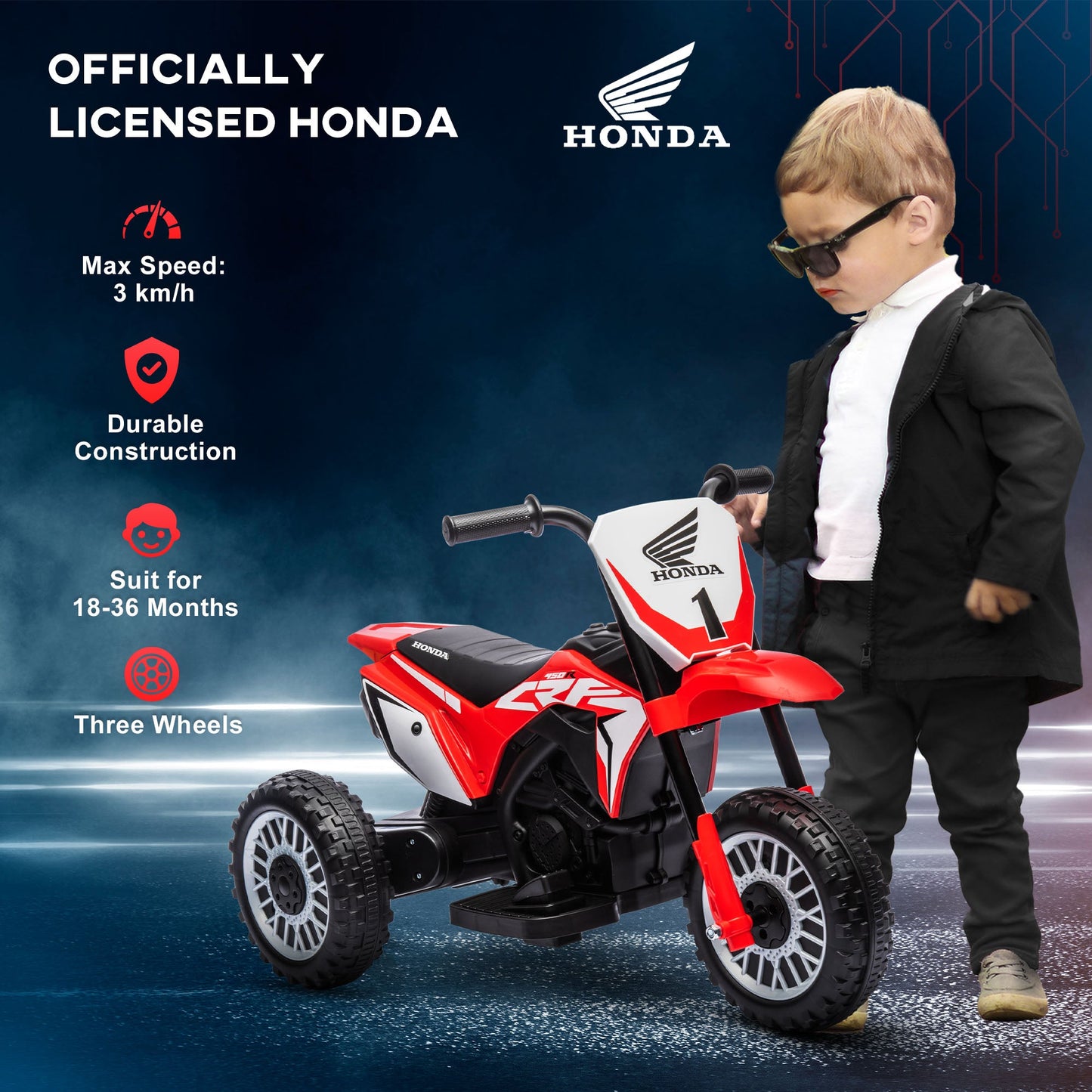 Licensed Honda CRF450RL 3-Wheeled Electric Motorcycle for Kids, Ages 18-36 Months, Red
