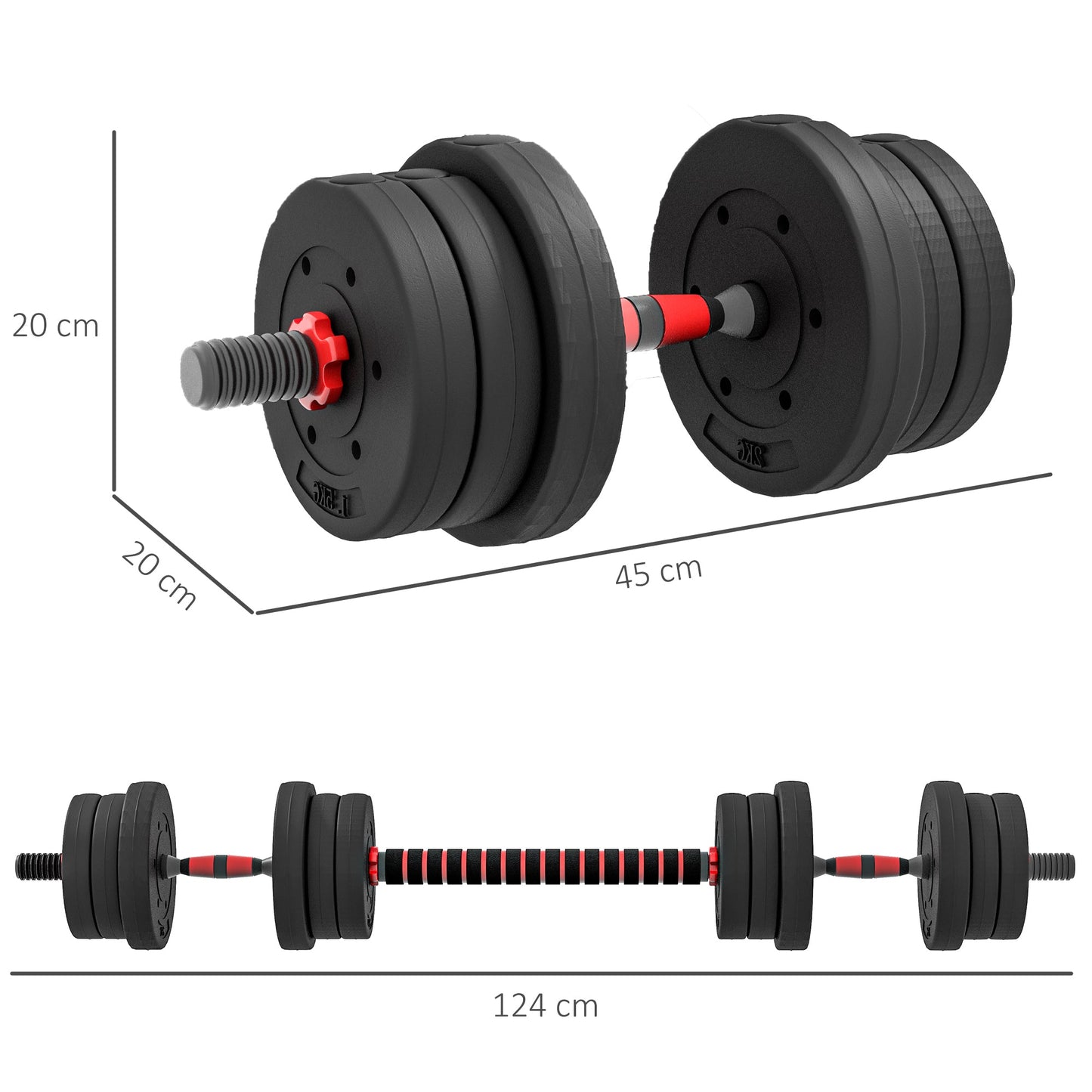 Set of 2 Non-Slip Dumbbells with 12 Weight Discs of 20 kg Total and Connector, in Steel, HDPE and Sand, Black