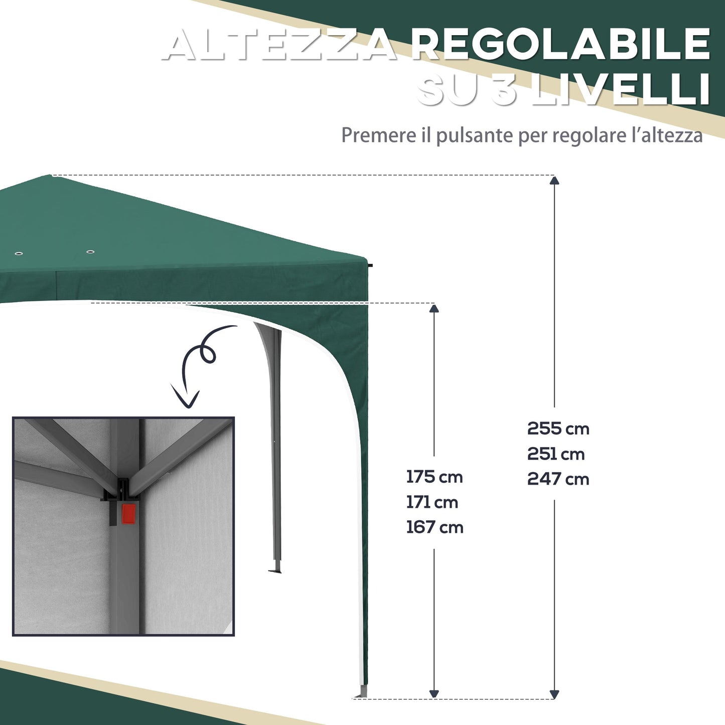 Gazebo, Adjustable Height Garden Gazebo with Drainage Holes and Carry Bag, Metal, Green