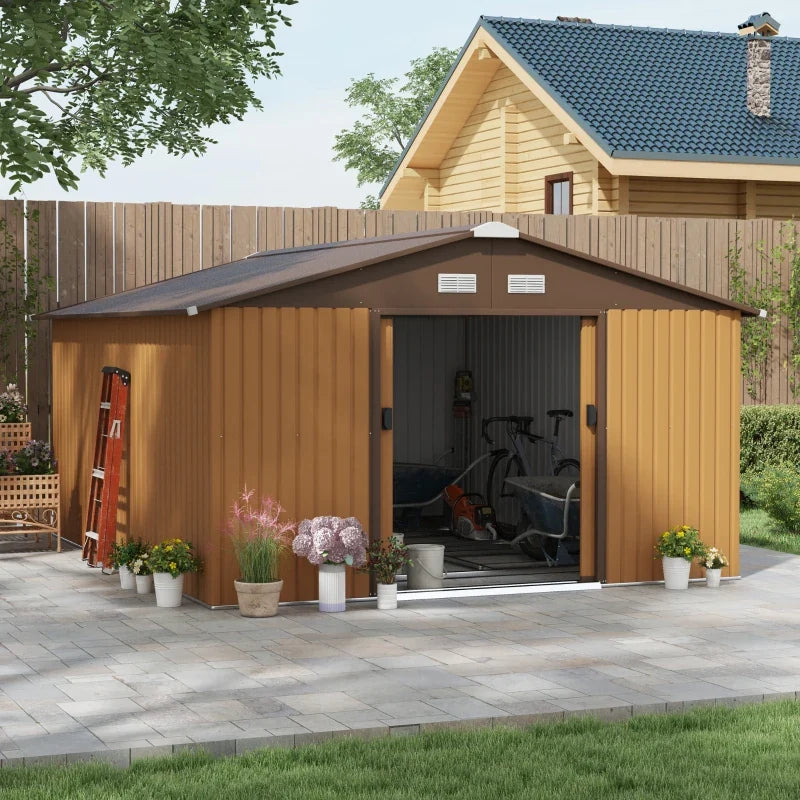 Garden Shed with 2 Sliding Doors and 4 Vents in Steel, 340x386x200cm, Yellow