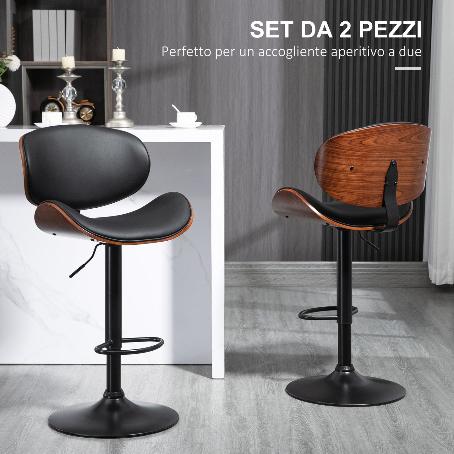 Set of 2 Bar Stools with Height-Adjustable Backrest, Wood and Faux Leather, 53x52x92-112 cm, Black