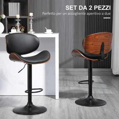 Set of 2 Bar Stools with Height-Adjustable Backrest, Wood and Faux Leather, 53x52x92-112 cm, Black