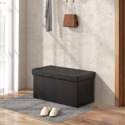 84L Folding Storage Bench, Padded Lid and Faux Leather Upholstery, 76x38x38cm, Black