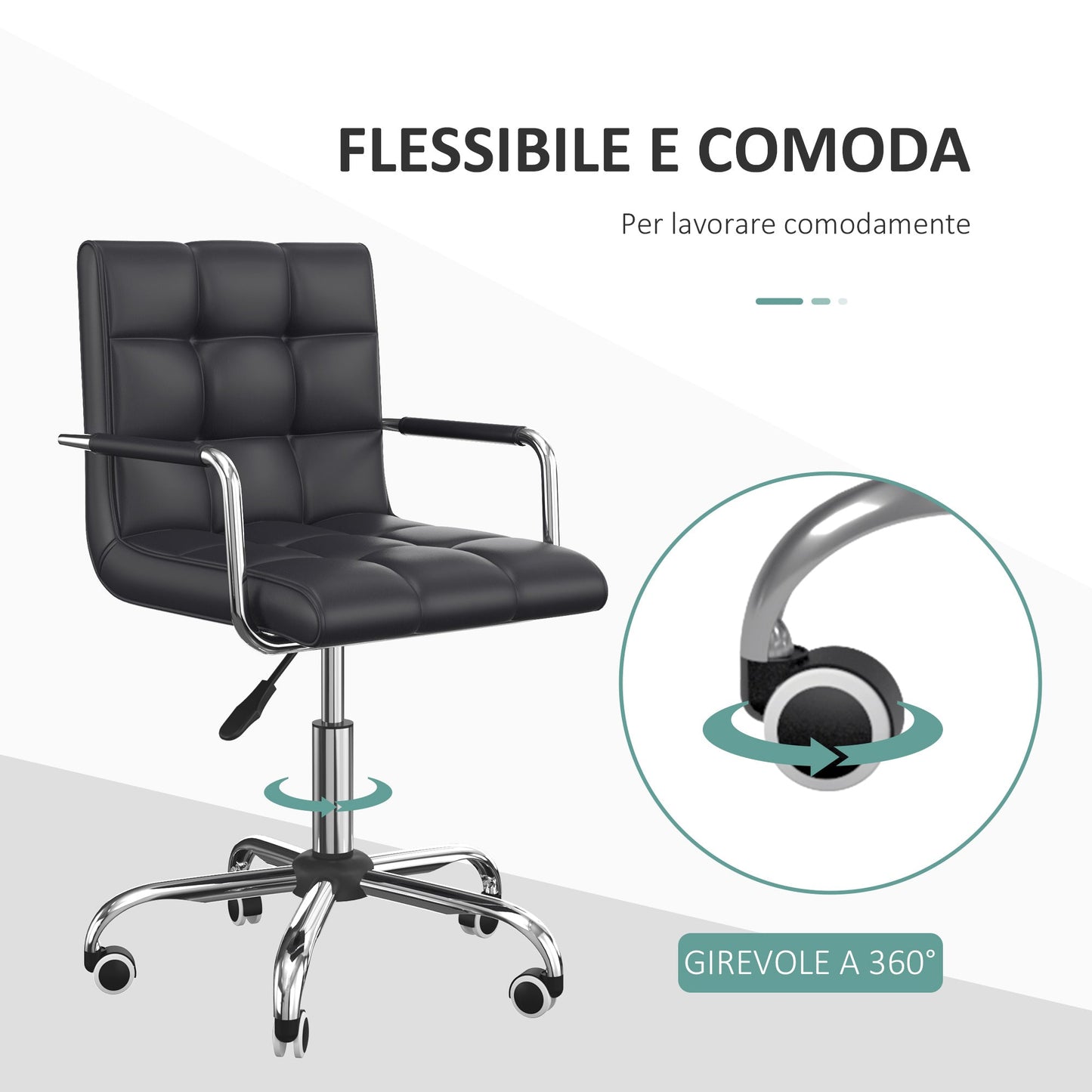 Ergonomic Office Chair in Black PU Leather, Study Chair with 5 Swivel Wheels, Padding and Adjustable Height, 52.5x54x84-99cm