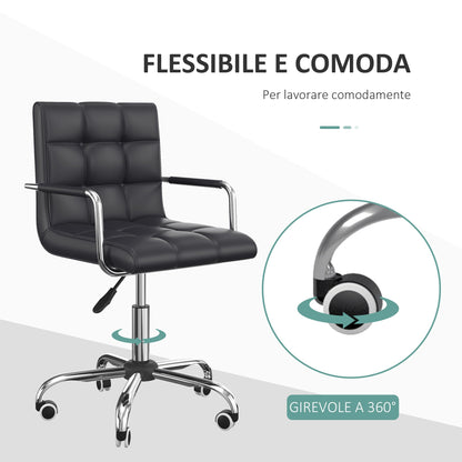 Ergonomic Office Chair in Black PU Leather, Study Chair with 5 Swivel Wheels, Padding and Adjustable Height, 52.5x54x84-99cm