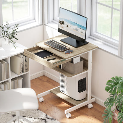PC Desk with Sliding Drawer, 2 Shelves and 4 Wheels, in Wood and Metal, 56x51x79 cm, White and Oak