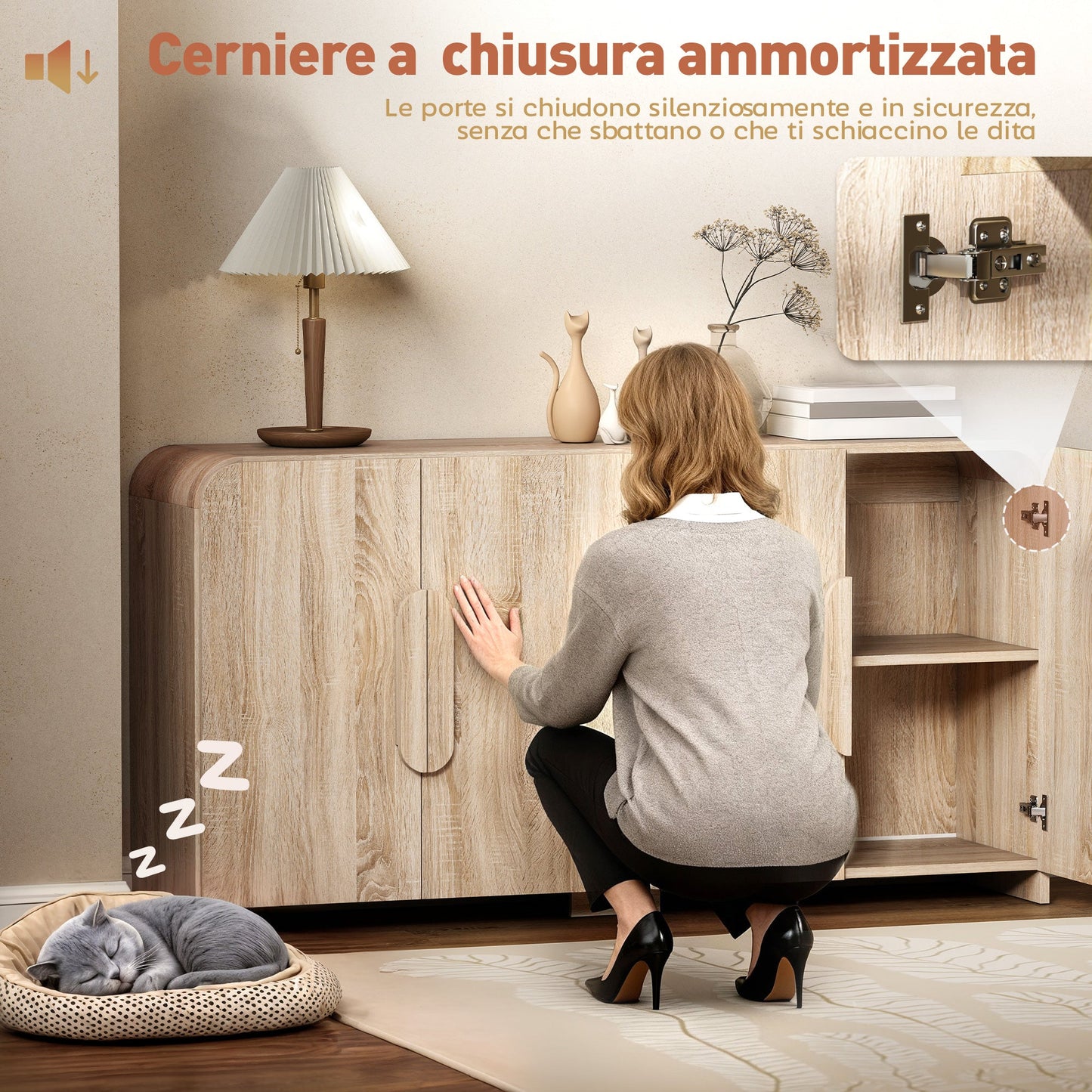 Sideboard with 2 Cabinets, Soft-Close Doors and Adjustable Shelves, 157x39x82 cm, Natural Wood