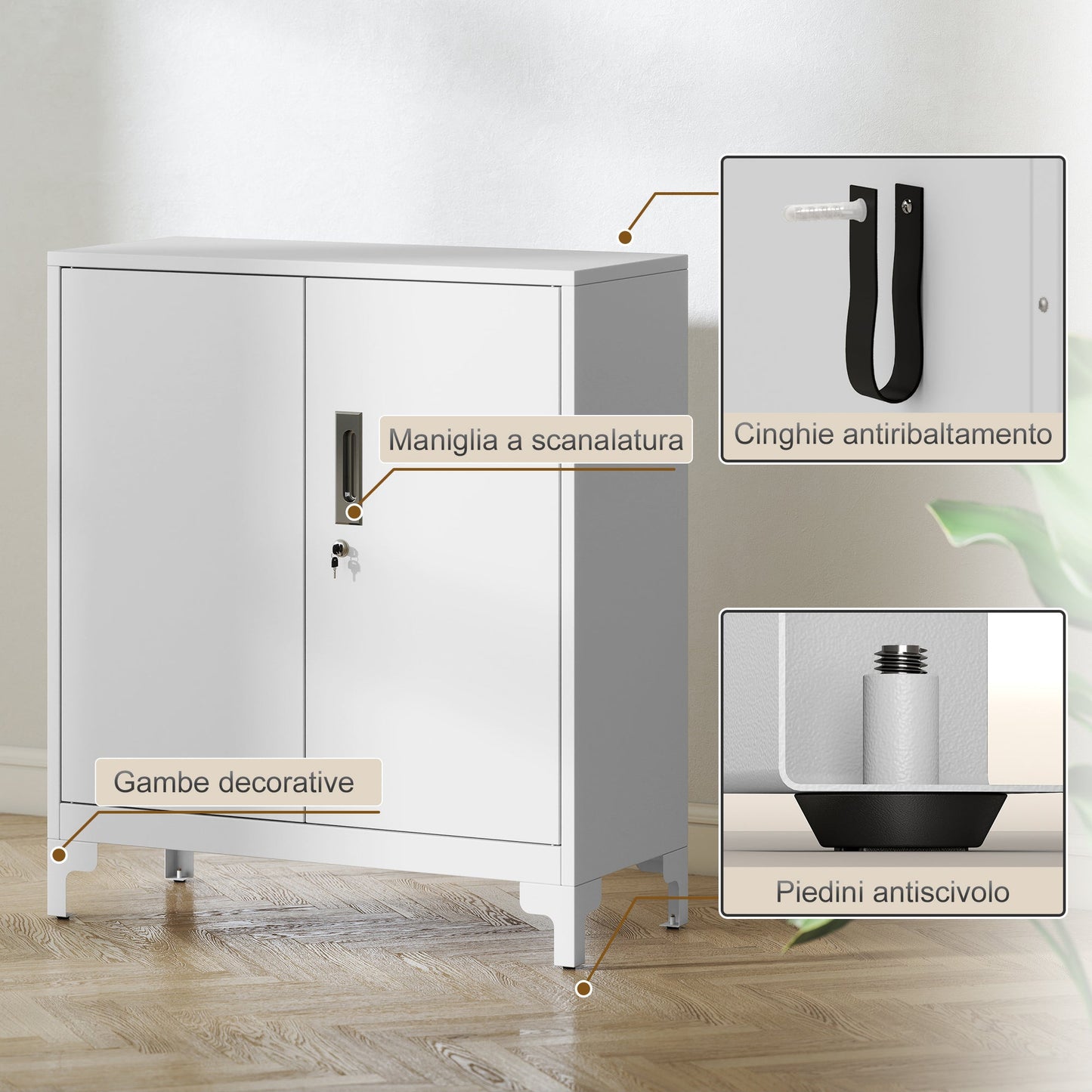 Office Cabinet with 3 Shelves, 2 Doors and Keys, 80x35x91 cm, White