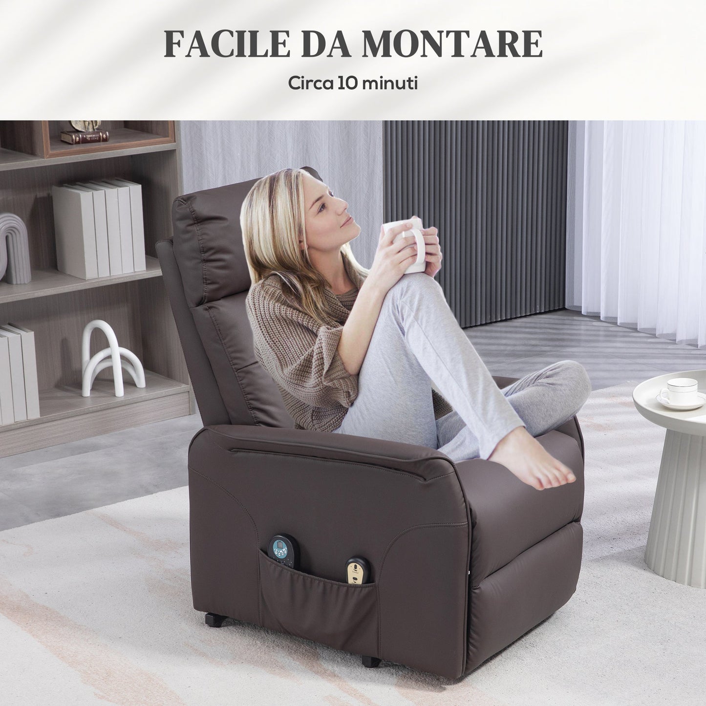 Lift and Recliner Relax Chair with 8 Massage Points and Heating, 2 Remote Controls, Brown