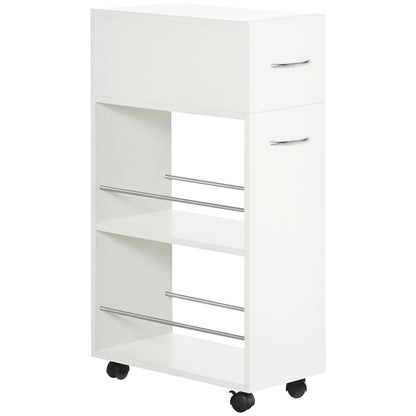 Kitchen Trolley in Chipboard and Stainless Steel with 2 Open Shelves, Pull-Out Drawer and Rails, 25x50x85 cm