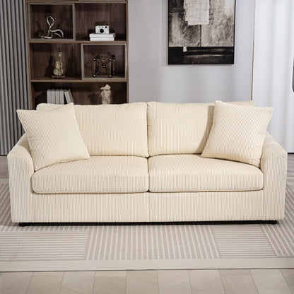 3 Seater Corduroy Sofa with Pocket Sprung and 2 Cushions, 212x80x88 cm, Cream White