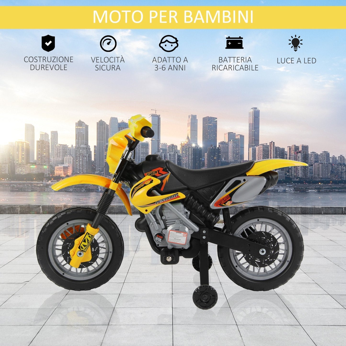 Moto Electric Cross with yellow wheel for children 3 years and more, 6v speed 6v 2.5km/h battery, 102 x 53 x 66cm