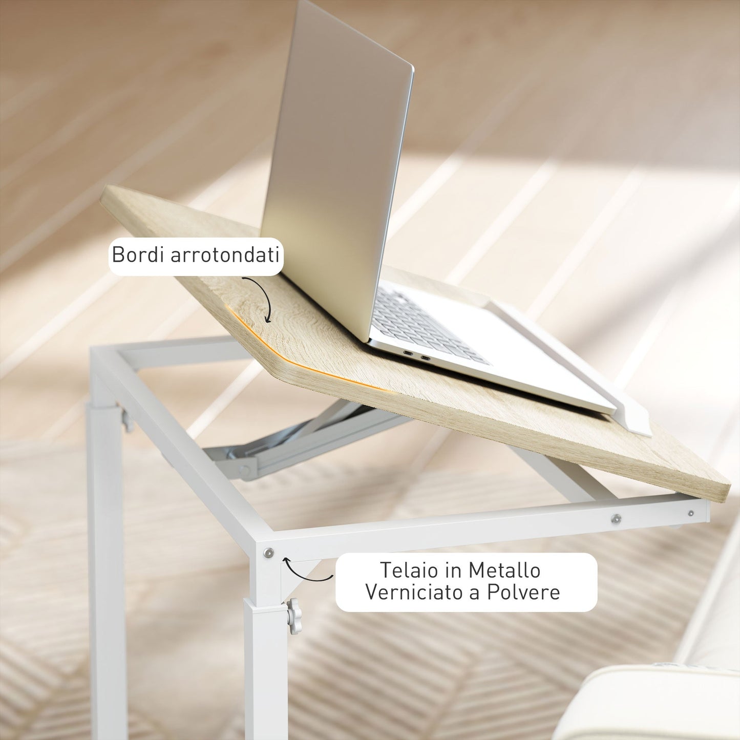 Adjustable Work Table with Tilting Top and 4 Wheels, in Wood and Metal, 55x36x62.5-82.5 cm, White and Oak