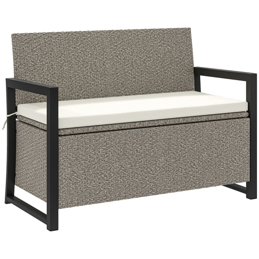 2 Seater Garden Bench with 151.5L Rattan Storage Chest with Backrest, Armrests and Cushion, Cream