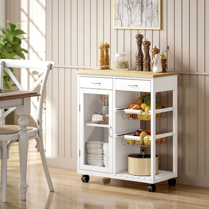 Bamboo Kitchen Cart with 2 Drawers, Cabinet, Shelf and 2 Steel Baskets, 67x35x80 cm, White