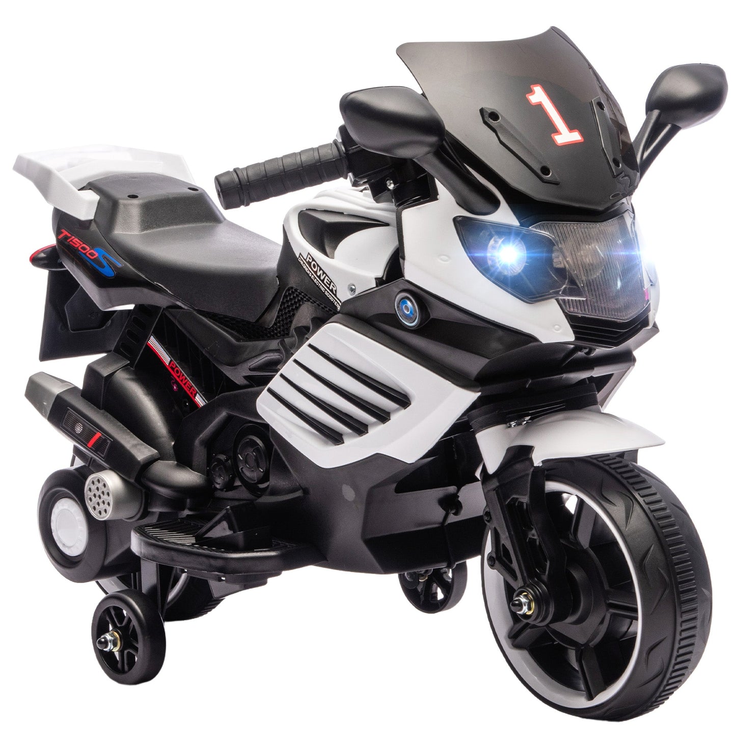 6V Electric Motorcycle for Kids with Removable Training Wheels, Headlights and Music, Ages 18-36 Months, White
