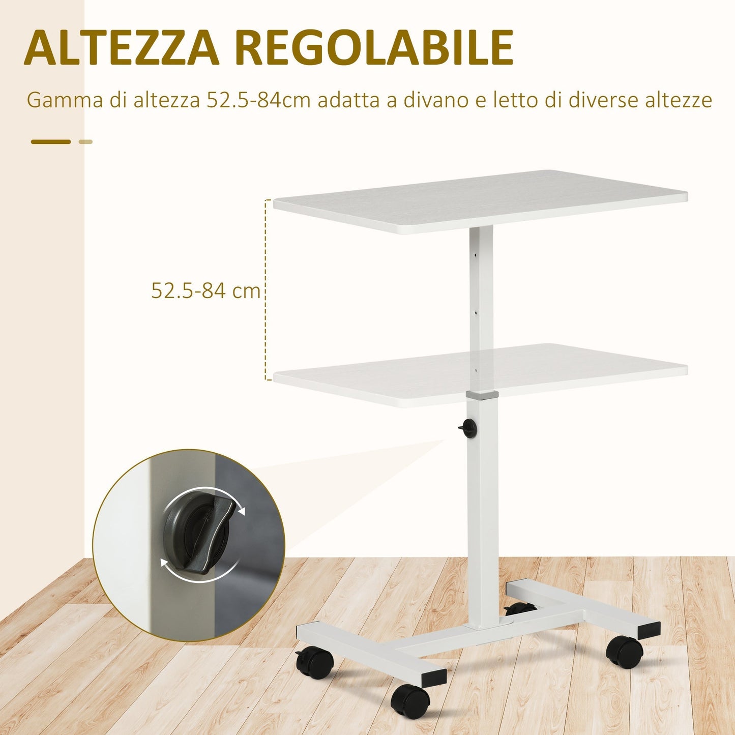 Laptop Table Height Adjustable with Wheels, 60x40x52.5-84cm, White