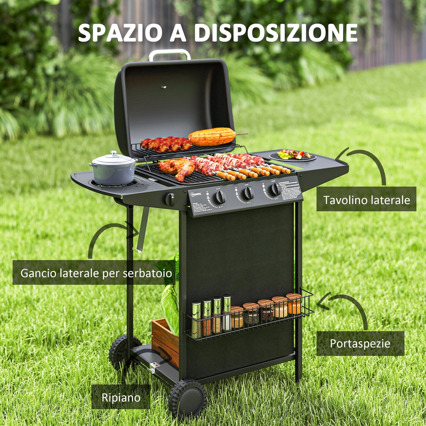 Gas Barbecue with 4 Independent Burners and Lid with Thermometer, 108x54x97 cm, Black