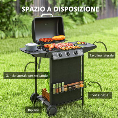 Gas Barbecue with 4 Independent Burners and Lid with Thermometer, 108x54x97 cm, Black