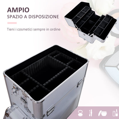 Beauty Case with 3-Level Adjustable Handle and Wheels, Professional Makeup Trolley for Make Up in Aluminum, 35.5x23x105 cm, Silver