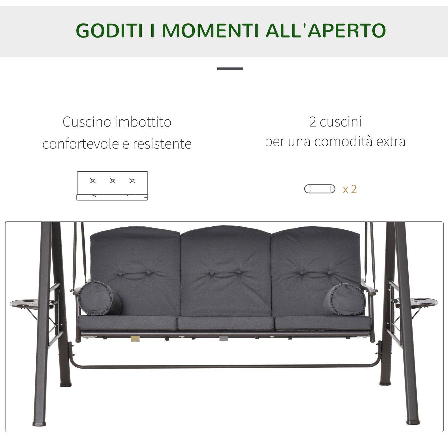 3-Seater Garden Swing with Adjustable Roof, Cup Holder and Cushions, 208x120x172 cm, Grey