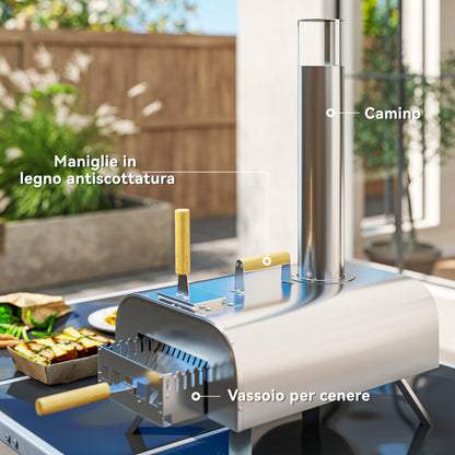 Wood Pellet Pizza Oven with Refractory Stone and Shovel, Stainless Steel, 79x36x75 cm, Silver