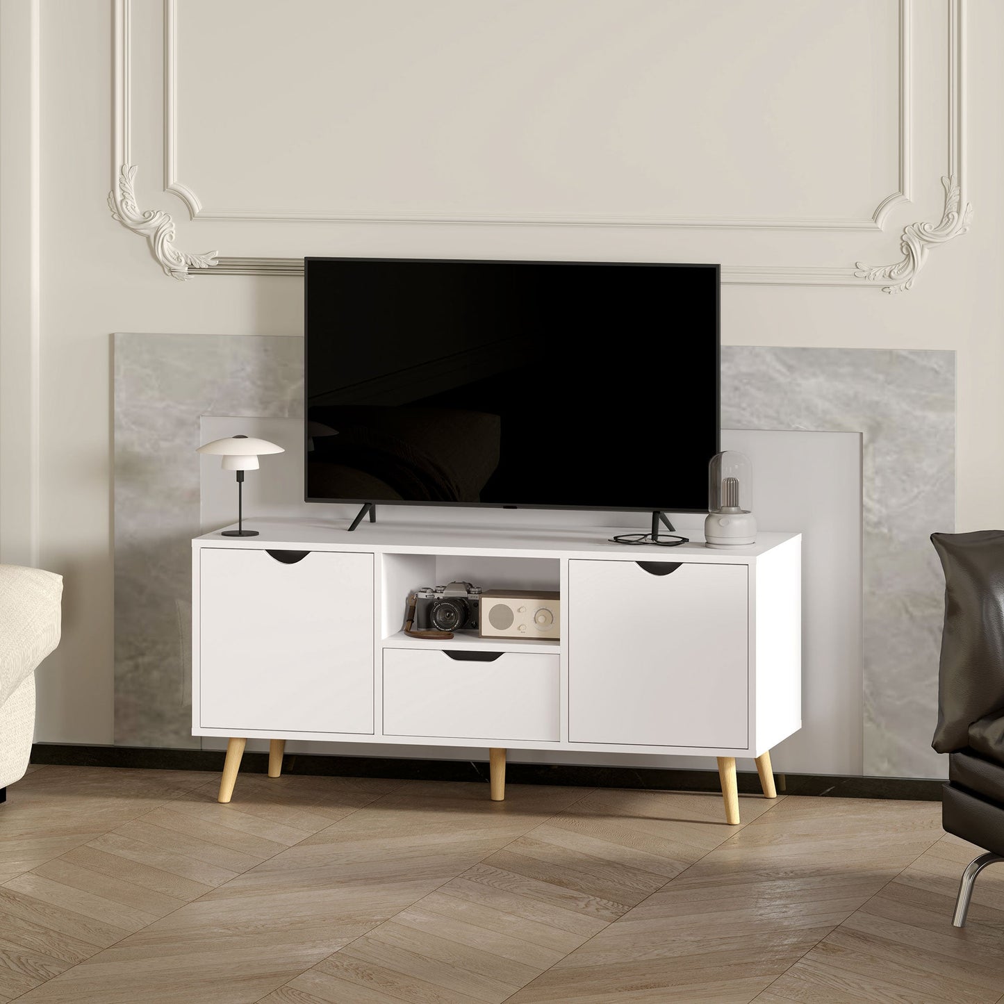 TV Cabinet max 50" with Drawer, Open Shelf and Cabinets, 110x40x50 cm, White and Wood