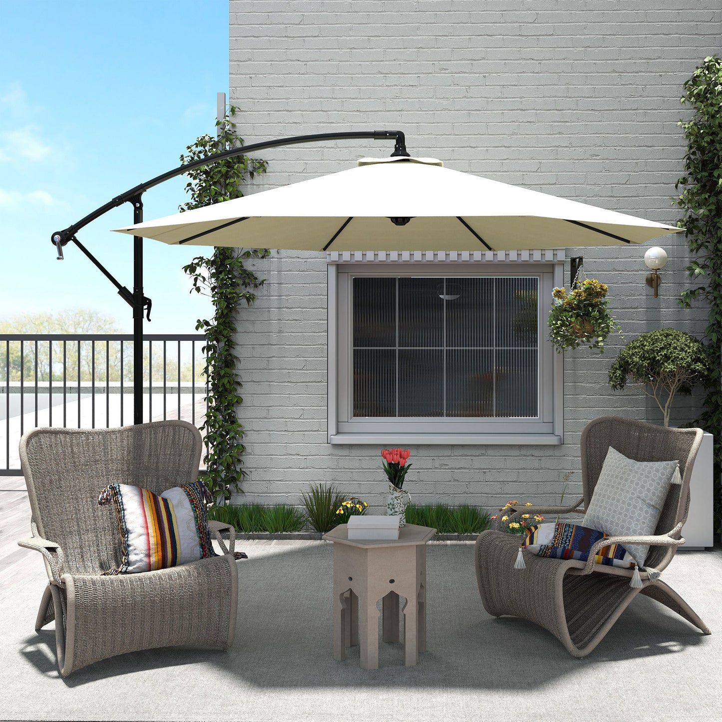 Off-Center Garden Umbrella with Cross Base Included, Metal and Polyester, 3x2.5 m, Beige