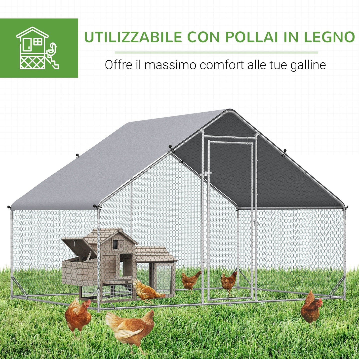 Garden chicken coop with galvanized frame, waterproof coverage and hexagonal network, 3x2x2m, silver