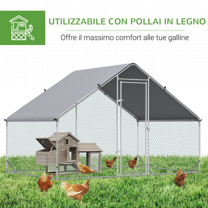 Garden chicken coop with galvanized frame, waterproof coverage and hexagonal network, 3x2x2m, silver