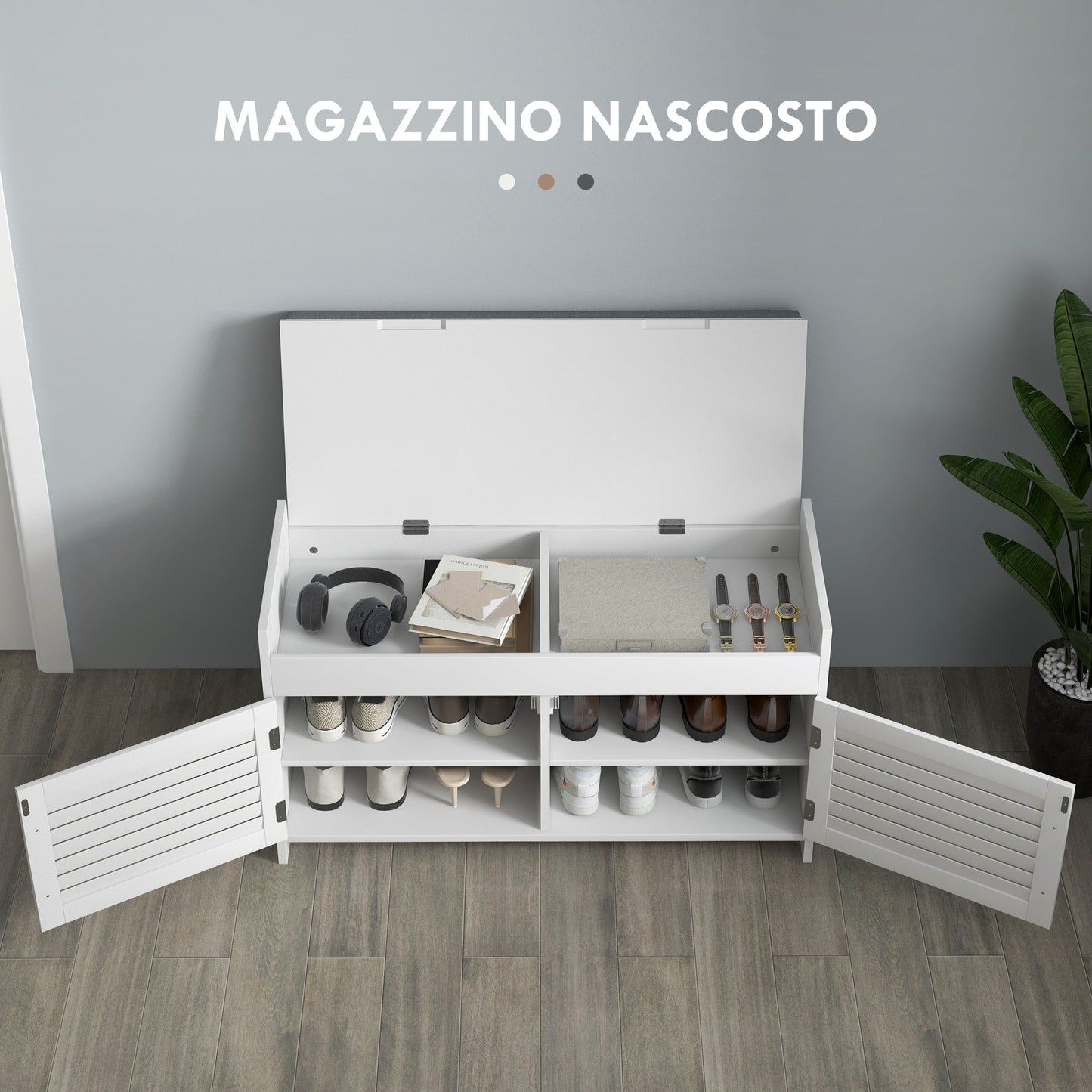 Shoe Bench with Adjustable Internal Shelf on 3 Levels, in MDF and Faux Linen, 90x36x50 cm, White and Grey