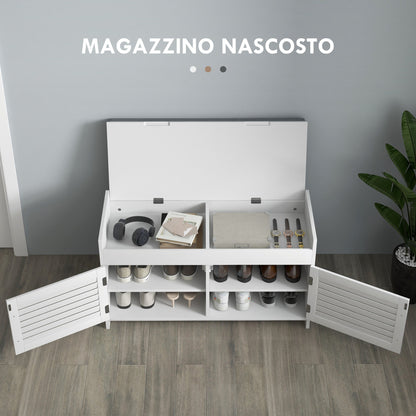 Shoe Bench with Adjustable Internal Shelf on 3 Levels, in MDF and Faux Linen, 90x36x50 cm, White and Grey