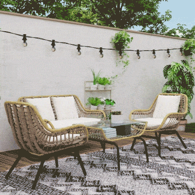 4-piece garden set in PE rattan and metal with sofa, 2 chairs and coffee table, Beige