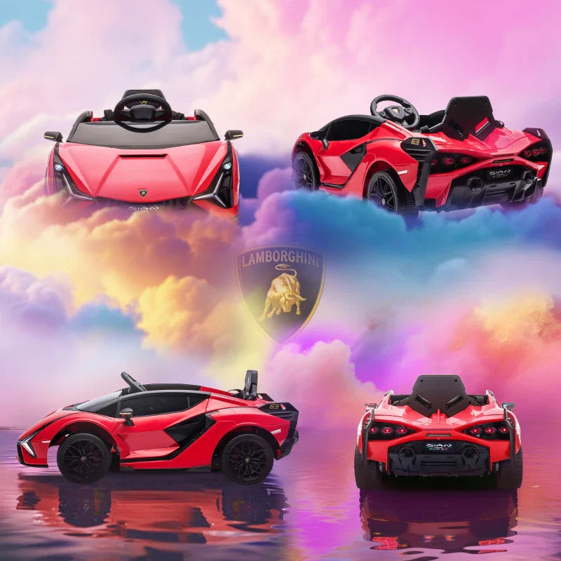 Electric Ride-On Toy Car for Kids 3-5 Years Old 12V Lamborghini SIAN, 3-5km/h Electric Car for Kids with 2 Motors, Headlights and Music, Remote Control, Seat Belt and Horn, Red