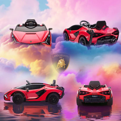 Electric Ride-On Toy Car for Kids 3-5 Years Old 12V Lamborghini SIAN, 3-5km/h Electric Car for Kids with 2 Motors, Headlights and Music, Remote Control, Seat Belt and Horn, Red