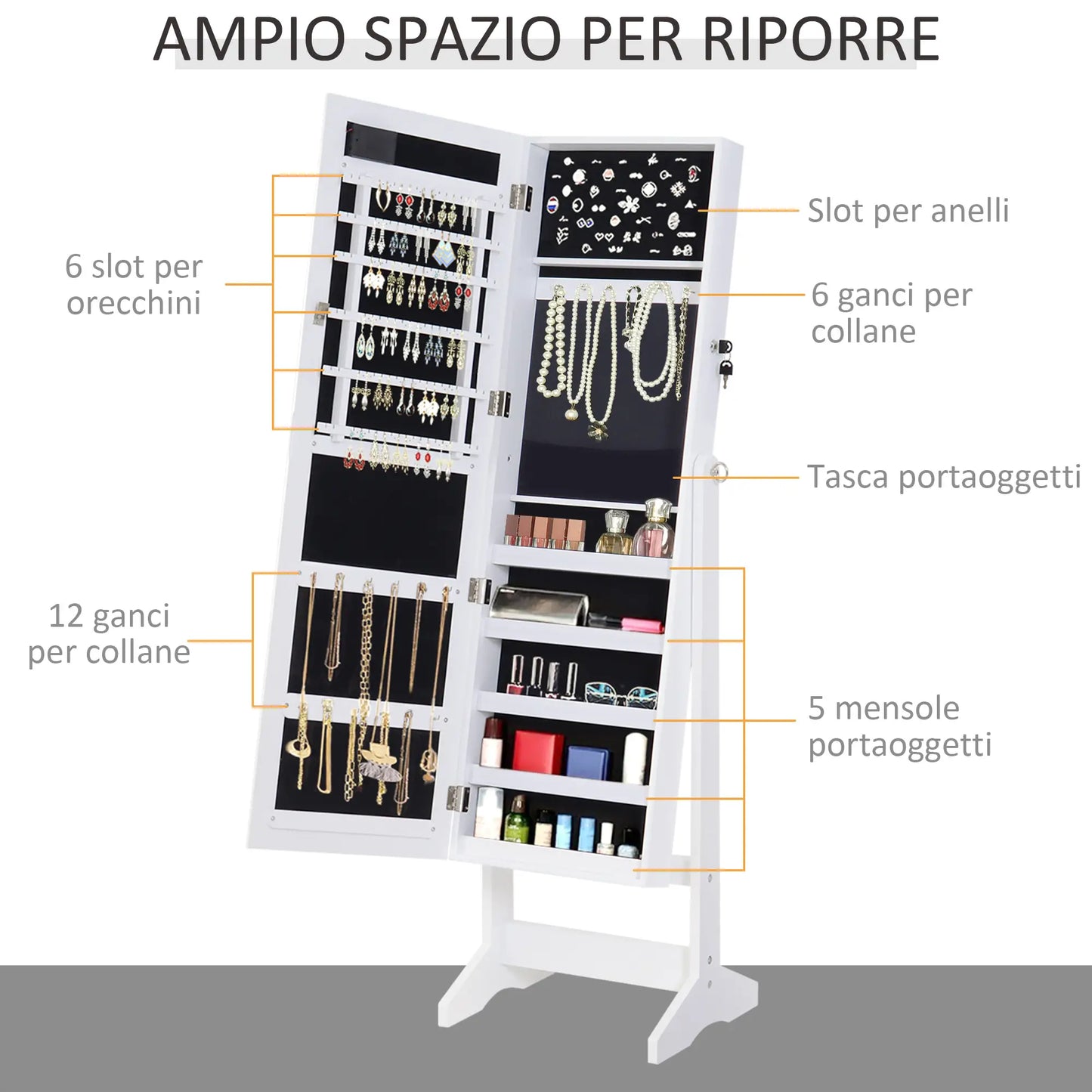 Jewellery Cabinet Adjustable Mirror Jewellery Box 20 LED Lights, Wood, White, 40x37x146 cm