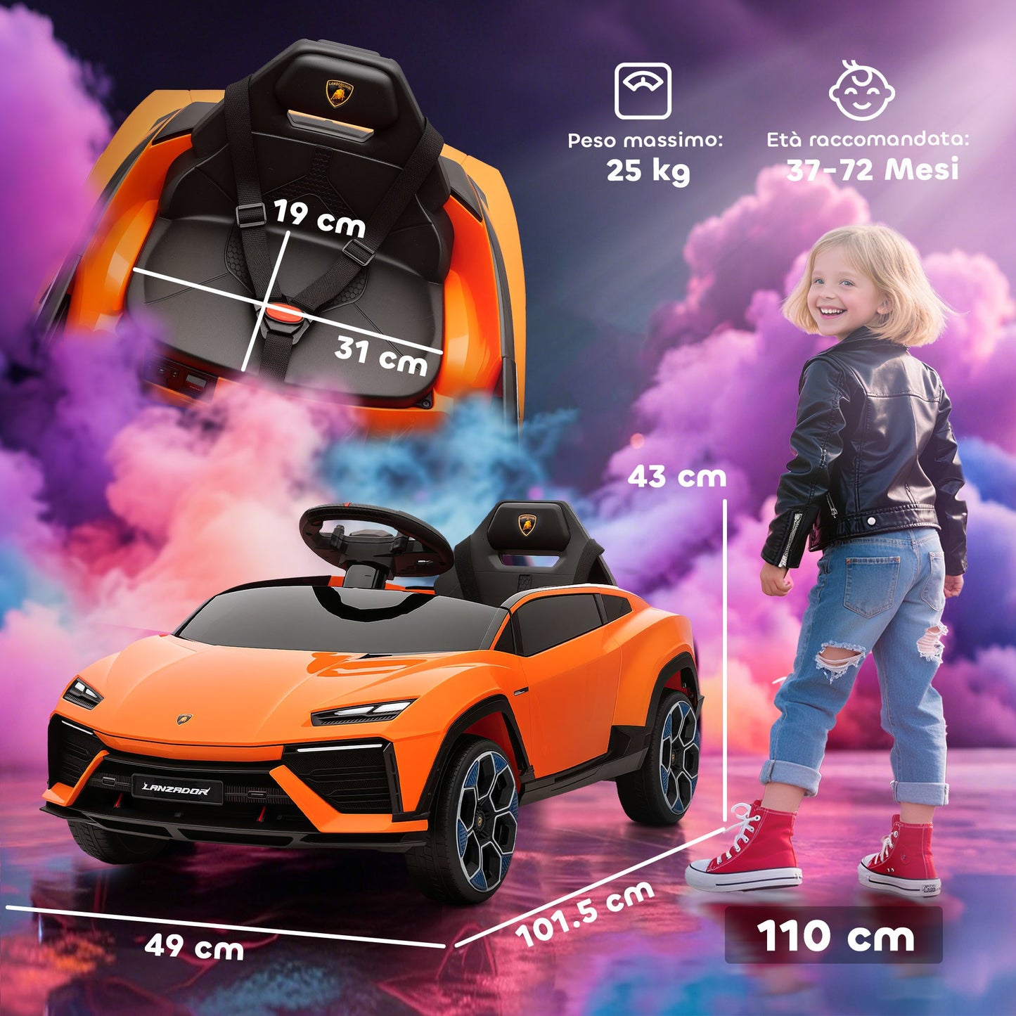 Electric Ride-On Car for Kids with Horn and Remote Control, MP3 Player, USB/AUX, LED Lights, Lamborghini License, Orange