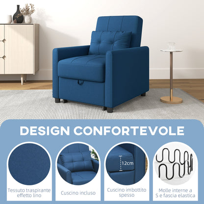 Single Reclining Armchair Bed on 3 Levels with Extra Cushion, 69x82x85cm, Blue