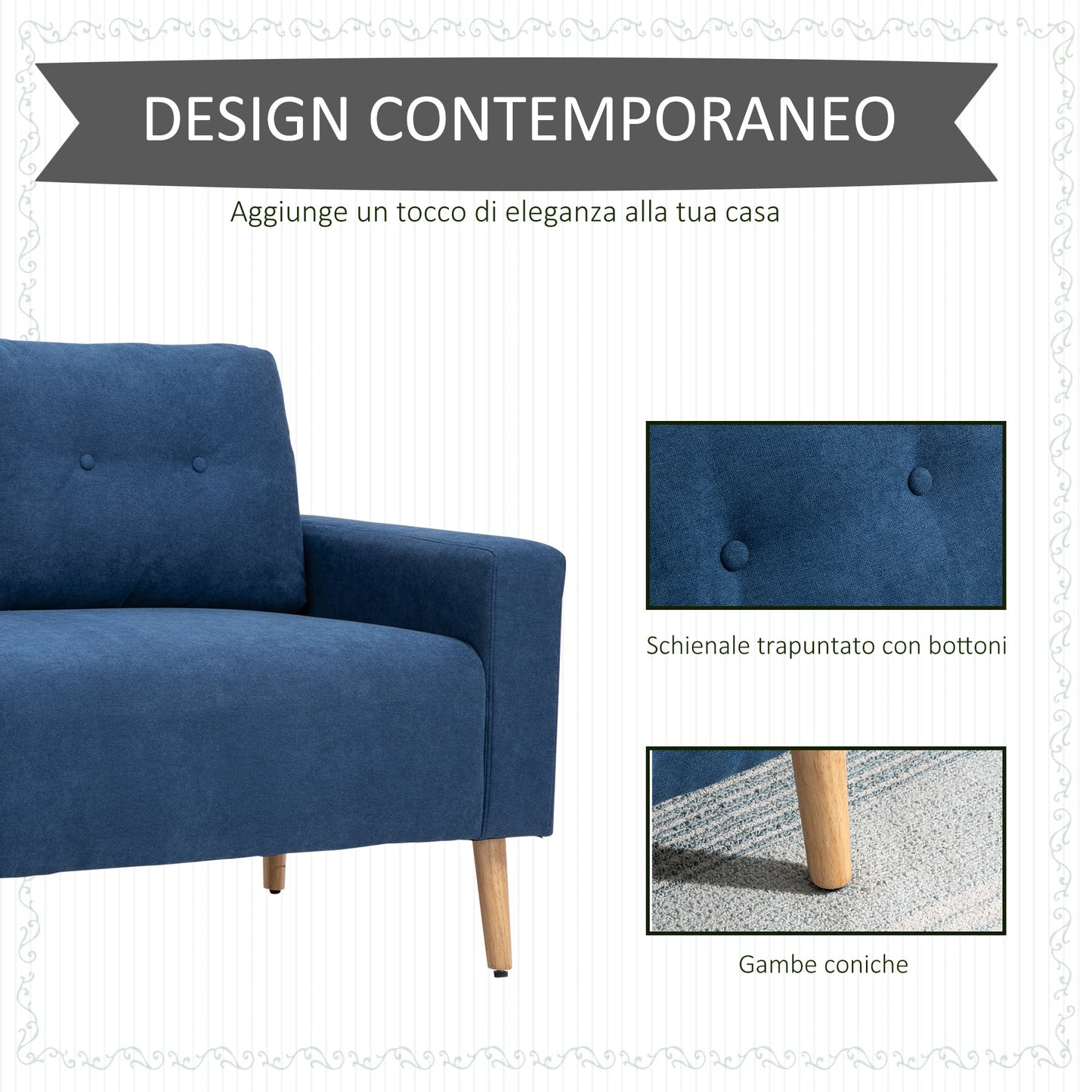 Nordic Style Modern Quilted 2 Seater Sofa, Polyester and Wood, 145x76x88 cm, Blue