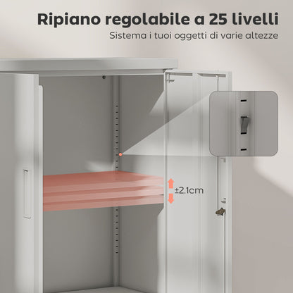 Steel Office Cabinet with Adjustable Internal Shelf and Drawer, 80x40x130 cm, White