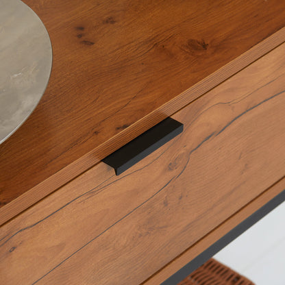 Minimalist Entryway Console Table with Drawer, Wood and Steel, 80x30x76 cm, Wood and Black Color