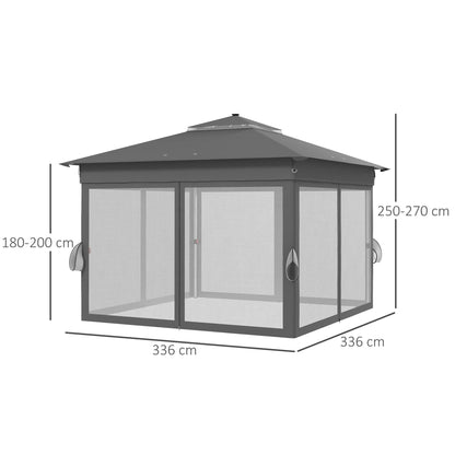 Adjustable Height Garden Gazebo with LED Lights, in Steel and Oxford Fabric, 336x336x250-270 cm, Grey