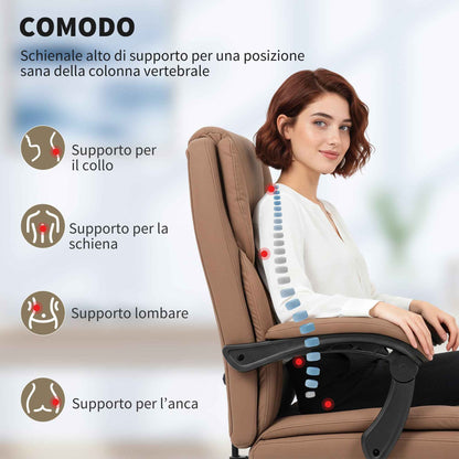 Reclining Faux Leather Office Chair with Footrest and Wheels, 65x67x111-119 cm, Brown