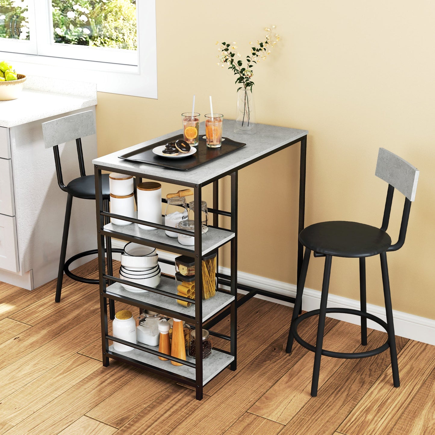 3 Piece Dining Set with Bar Counter with Shelves and 2 High Chairs with Backrest, Light Grey