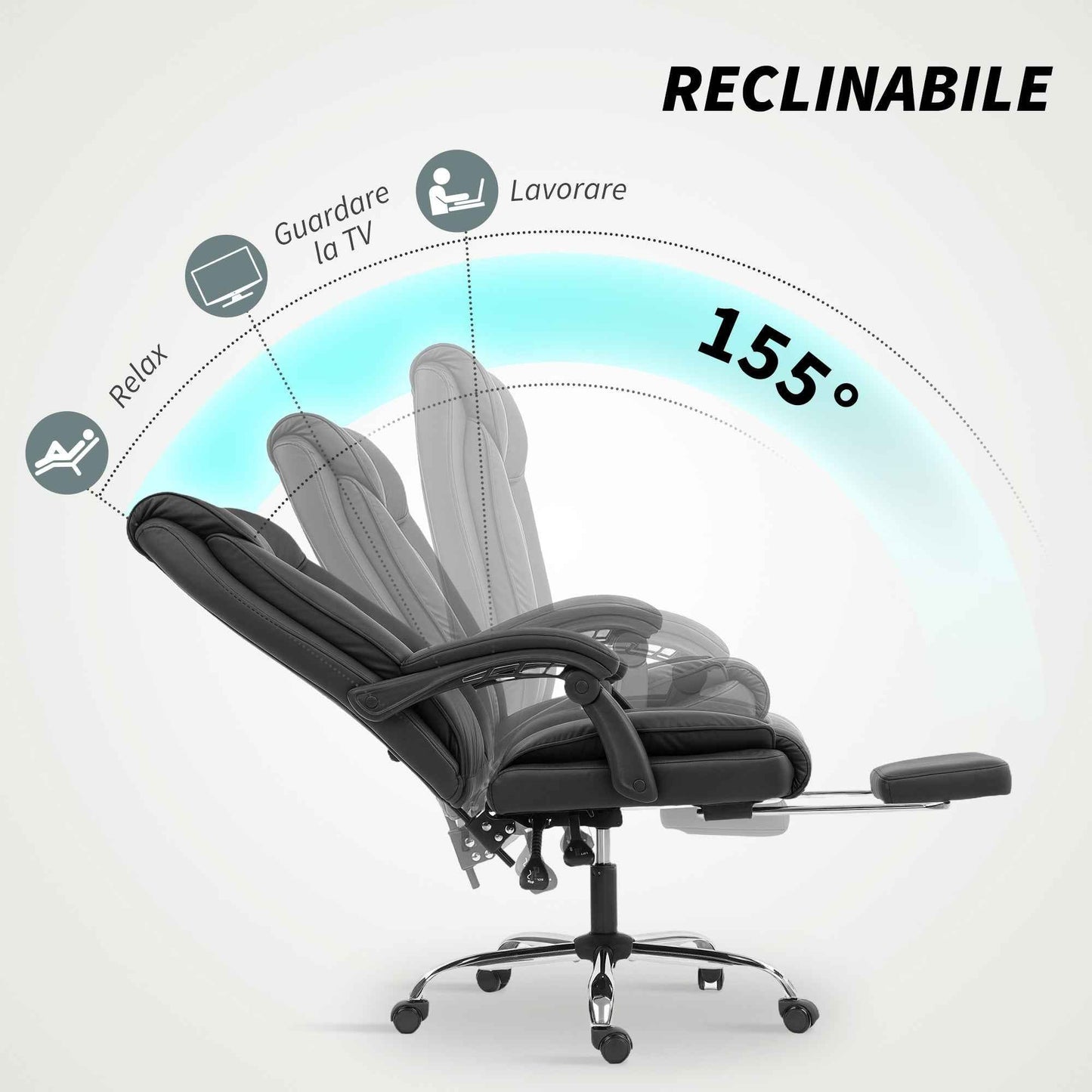 155° Reclining Office Chair with Footrest, Double Padding and Faux Leather Upholstery, Black