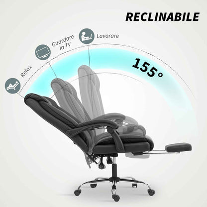 155° Reclining Office Chair with Footrest, Double Padding and Faux Leather Upholstery, Black