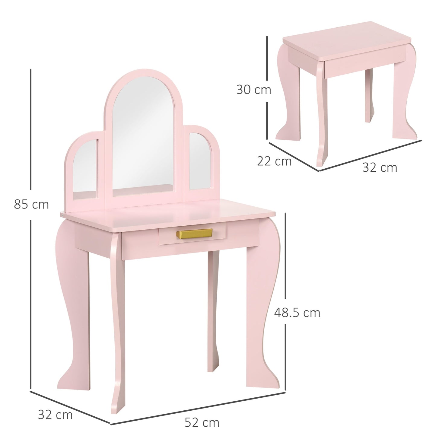 Girls Makeup Table with Stool, Drawers and Matching Mirror in Acrylic, Pink