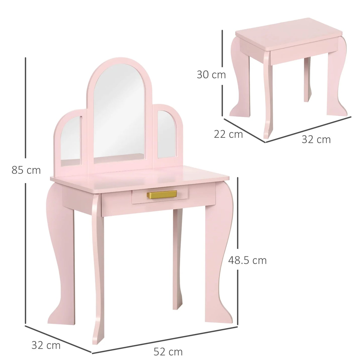 Girls’ Makeup Table with Stool & Acrylic Mirror – Pink, Drawers Included