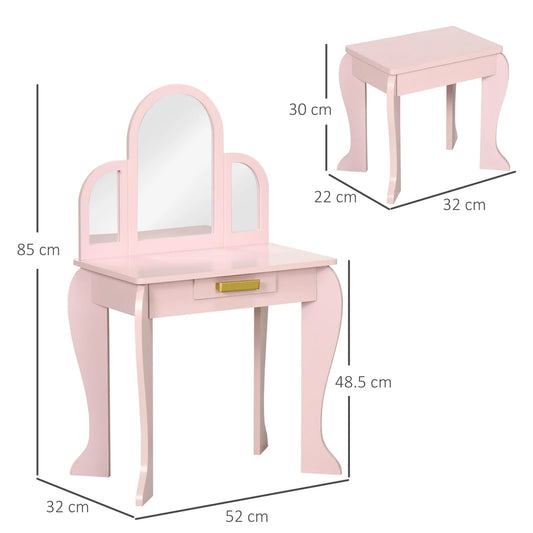 Girls’ Makeup Table with Stool & Acrylic Mirror – Pink, Drawers Included
